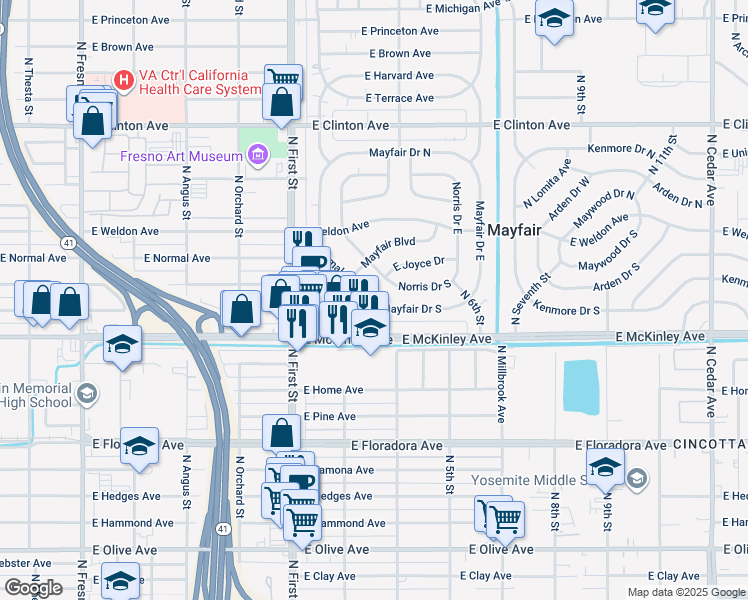 map of restaurants, bars, coffee shops, grocery stores, and more near in Fresno