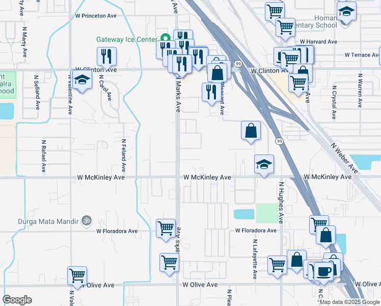 map of restaurants, bars, coffee shops, grocery stores, and more near 2072 North Marks Avenue in Fresno