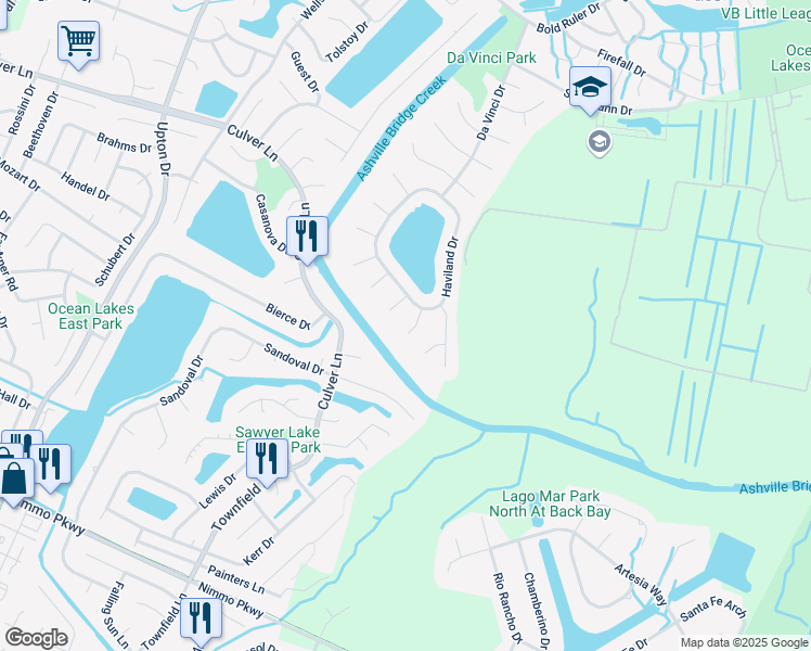 map of restaurants, bars, coffee shops, grocery stores, and more near 1105 Millay Court in Virginia Beach