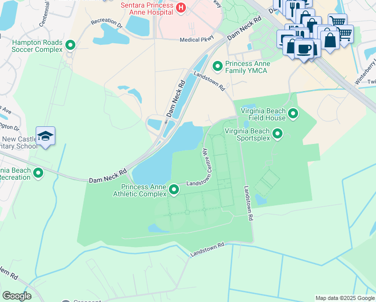 map of restaurants, bars, coffee shops, grocery stores, and more near 4001 Dam Neck Road in Virginia Beach