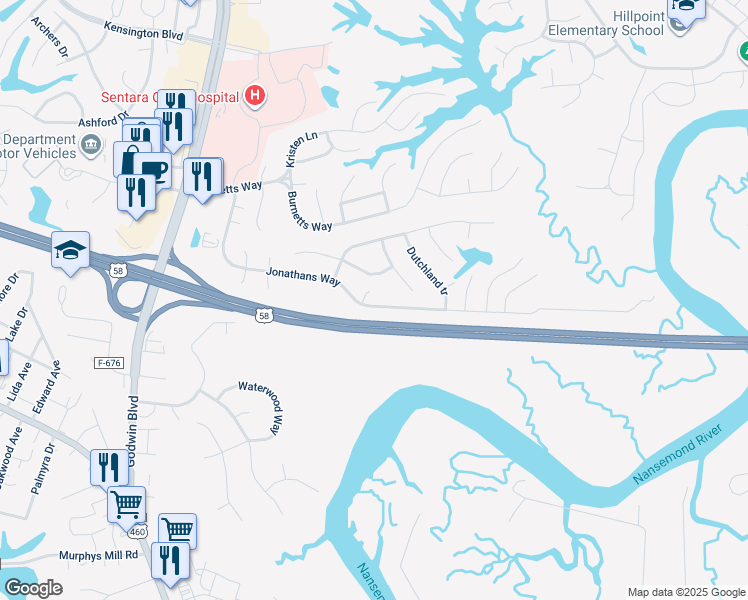 map of restaurants, bars, coffee shops, grocery stores, and more near 237 Jonathans Way in Suffolk