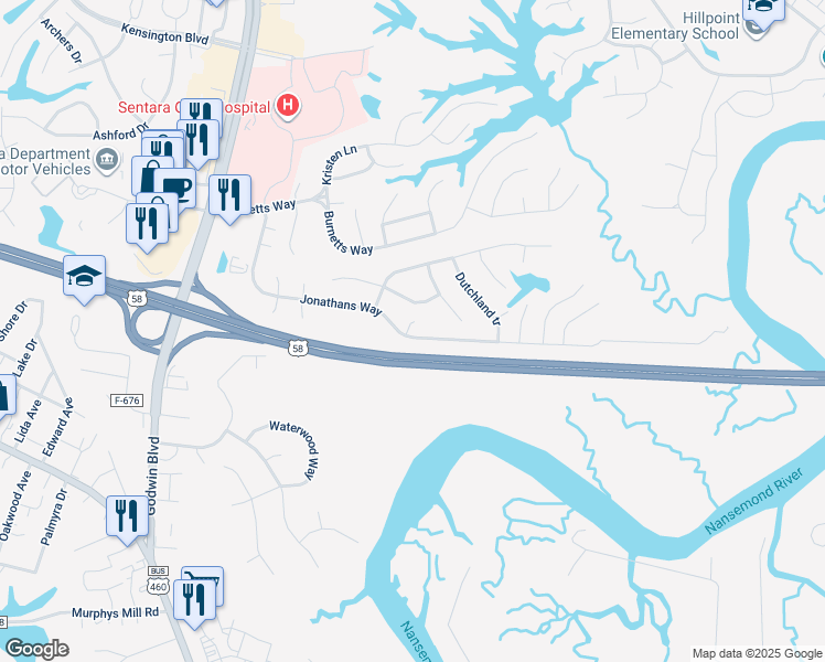 map of restaurants, bars, coffee shops, grocery stores, and more near 235 Jonathans Way in Suffolk