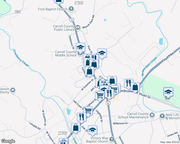map of restaurants, bars, coffee shops, grocery stores, and more near 610 North Main Street in Hillsville