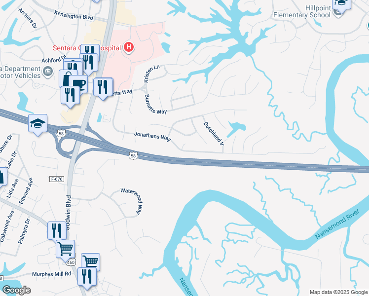 map of restaurants, bars, coffee shops, grocery stores, and more near 235 Jonathans Way in Suffolk
