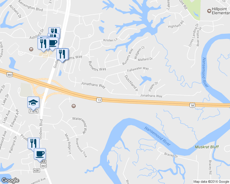 map of restaurants, bars, coffee shops, grocery stores, and more near 237 Jonathans Way in Suffolk