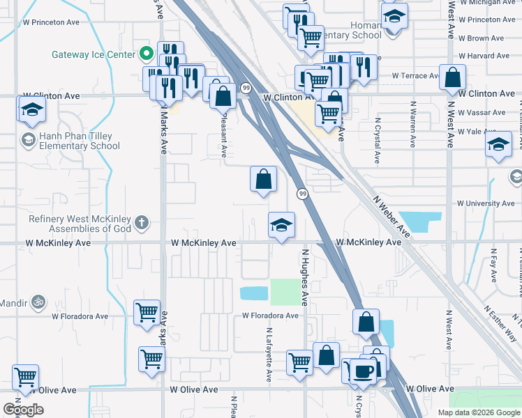 map of restaurants, bars, coffee shops, grocery stores, and more near 1805 North Lafayette Avenue in Fresno
