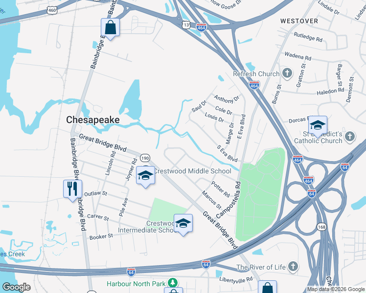 map of restaurants, bars, coffee shops, grocery stores, and more near 578 River Creek Road in Chesapeake
