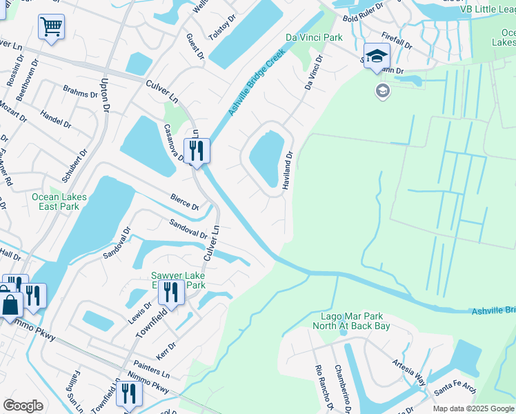 map of restaurants, bars, coffee shops, grocery stores, and more near 1105 Millay Court in Virginia Beach