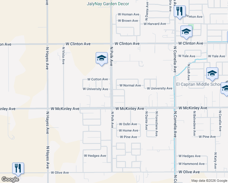 map of restaurants, bars, coffee shops, grocery stores, and more near 5425 West University Avenue in Fresno