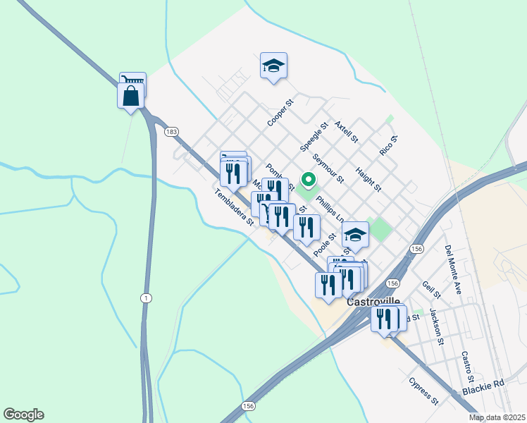 map of restaurants, bars, coffee shops, grocery stores, and more near 10665 Merritt Street in Castroville