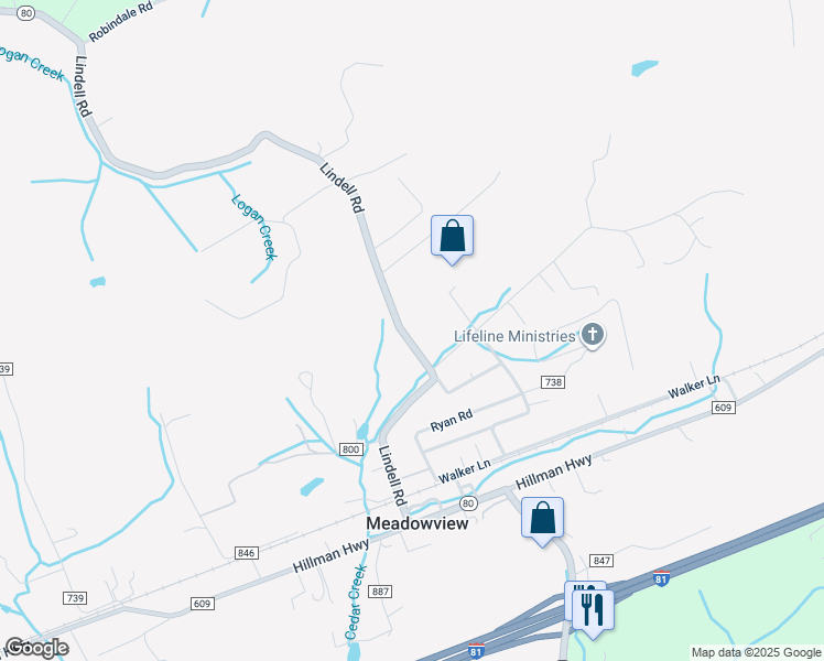 map of restaurants, bars, coffee shops, grocery stores, and more near 13011 Lindell Road in Meadowview