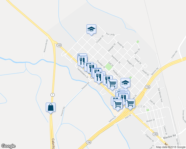 map of restaurants, bars, coffee shops, grocery stores, and more near 10665 Merritt Street in Castroville