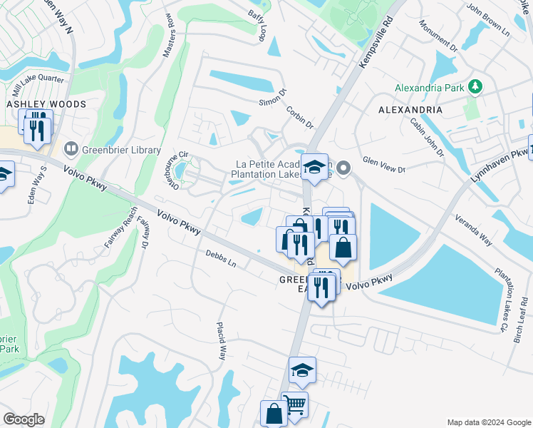 map of restaurants, bars, coffee shops, grocery stores, and more near 1543 Hambledon Loop in Chesapeake