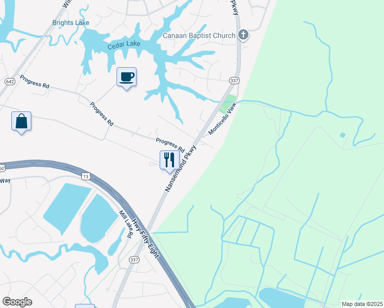map of restaurants, bars, coffee shops, grocery stores, and more near 1748 Nansemond Parkway in Suffolk
