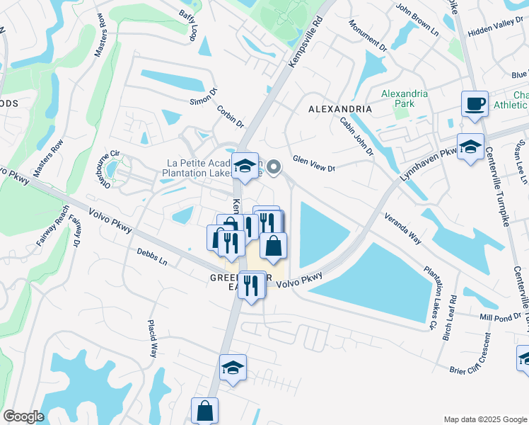 map of restaurants, bars, coffee shops, grocery stores, and more near 1424 Orchard Grove Drive in Chesapeake