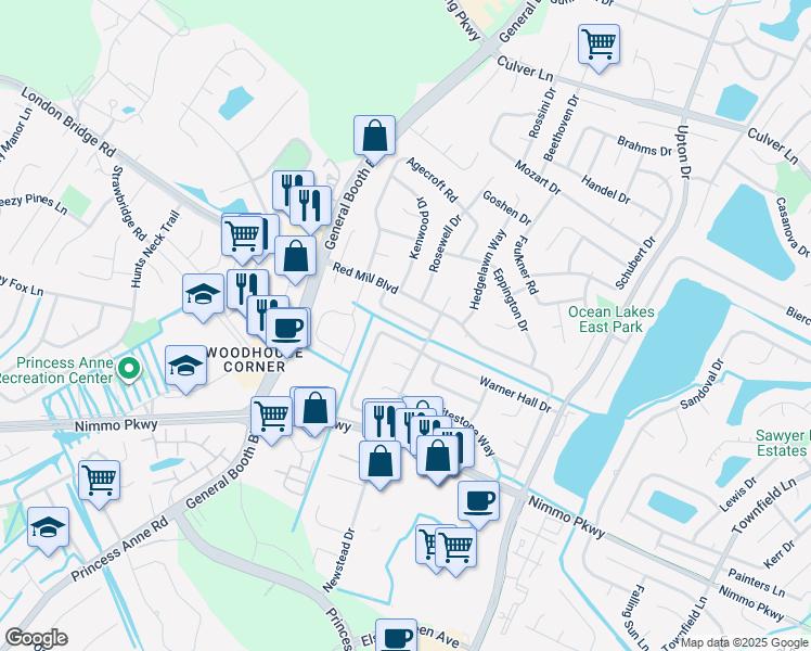 map of restaurants, bars, coffee shops, grocery stores, and more near 1169 Hopemont Drive in Virginia Beach