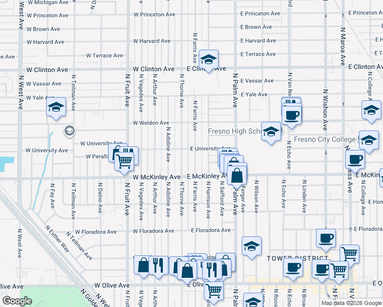 map of restaurants, bars, coffee shops, grocery stores, and more near 1741 North Farris Avenue in Fresno