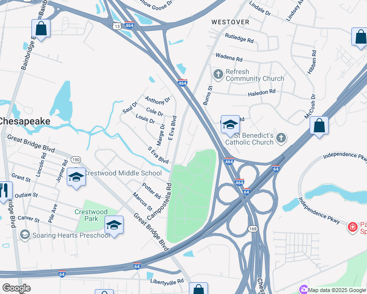 map of restaurants, bars, coffee shops, grocery stores, and more near 1204 Keats Landing in Chesapeake
