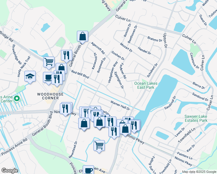 map of restaurants, bars, coffee shops, grocery stores, and more near 1112 Eppington Court in Virginia Beach