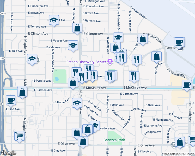 map of restaurants, bars, coffee shops, grocery stores, and more near 4877 East University Avenue in Fresno