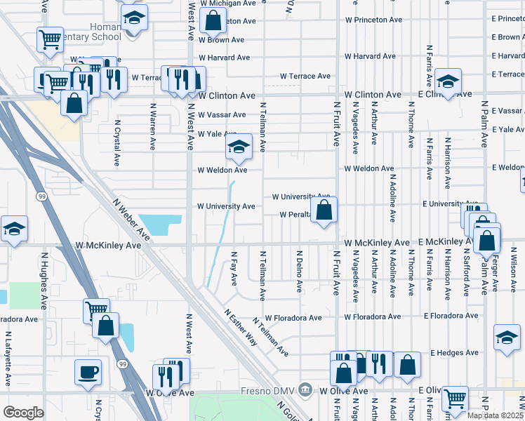 map of restaurants, bars, coffee shops, grocery stores, and more near 828 West Peralta Way in Fresno
