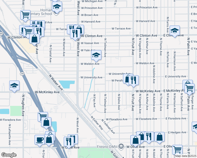 map of restaurants, bars, coffee shops, grocery stores, and more near 931 West University Avenue in Fresno