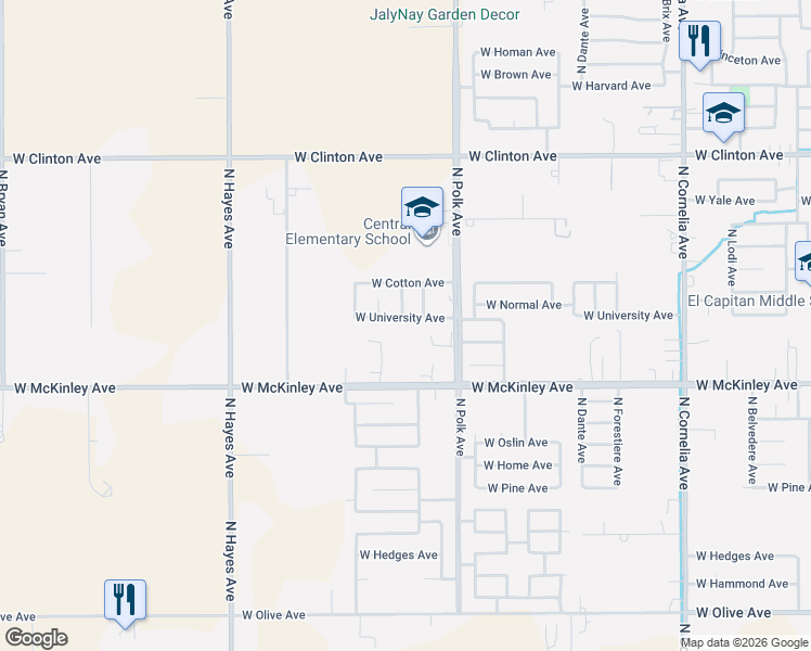 map of restaurants, bars, coffee shops, grocery stores, and more near 5595 West University Avenue in Fresno