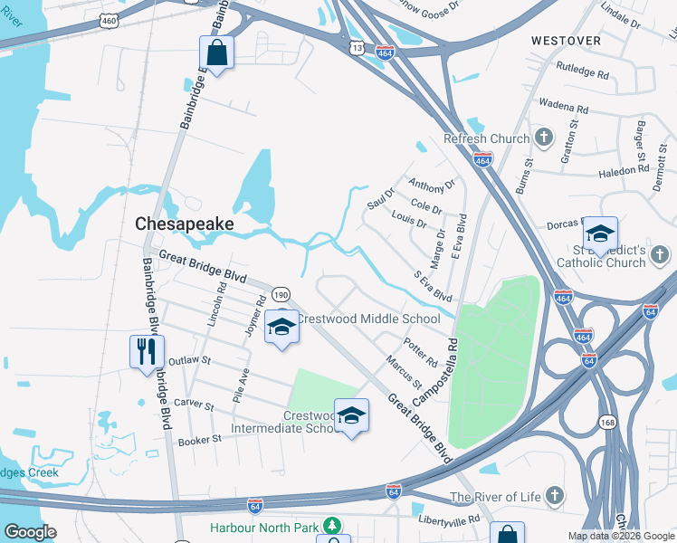 map of restaurants, bars, coffee shops, grocery stores, and more near 578 River Creek Road in Chesapeake