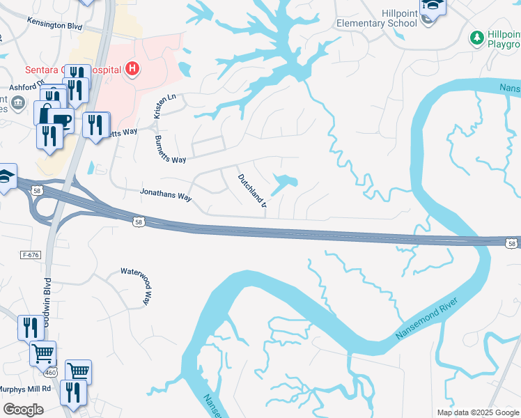 map of restaurants, bars, coffee shops, grocery stores, and more near 121 Dutchland tr in Suffolk