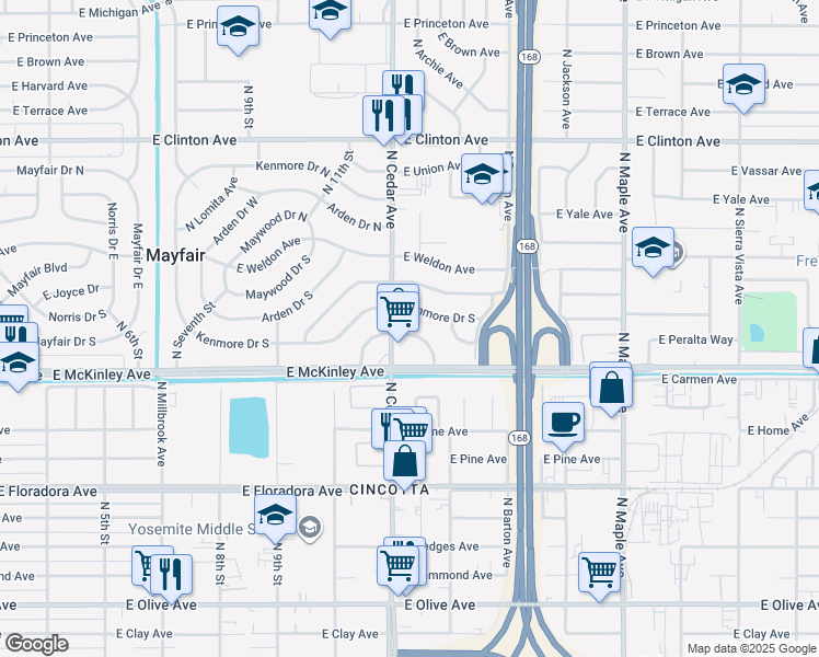 map of restaurants, bars, coffee shops, grocery stores, and more near 4227 East Fairfax Avenue in Fresno