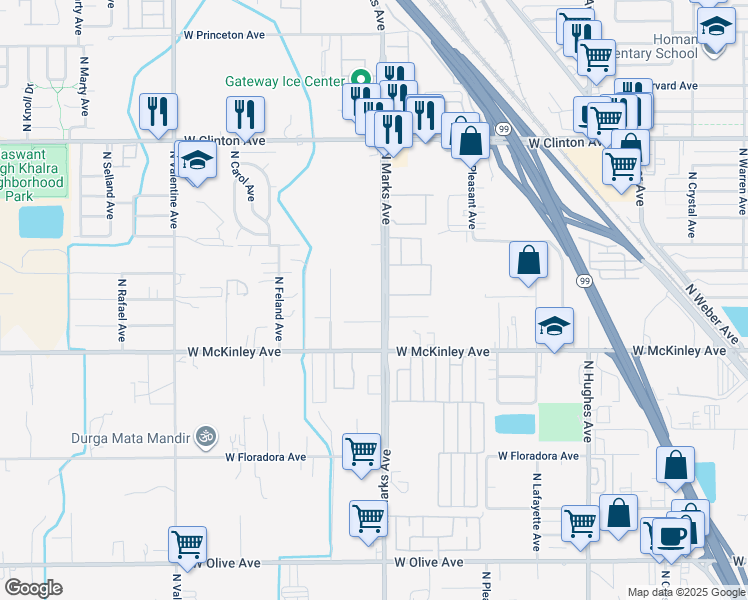 map of restaurants, bars, coffee shops, grocery stores, and more near 2093 North Marks Avenue in Fresno