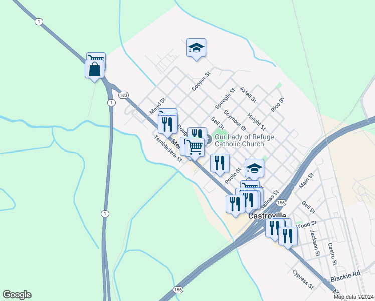 map of restaurants, bars, coffee shops, grocery stores, and more near 10639 Merritt Street in Castroville