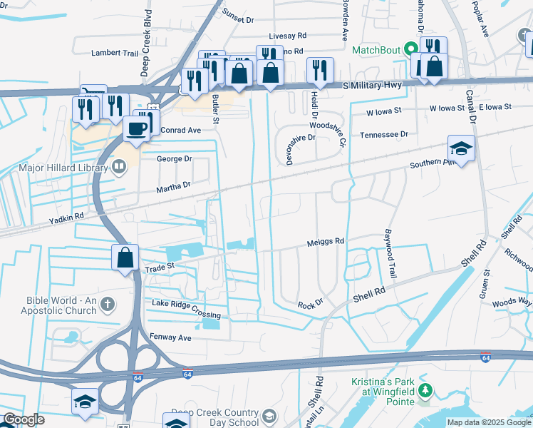 map of restaurants, bars, coffee shops, grocery stores, and more near 2636 Roundtree Circle in Chesapeake
