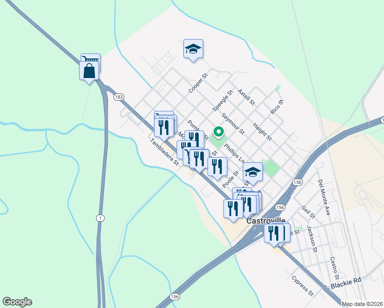 map of restaurants, bars, coffee shops, grocery stores, and more near 11041 Preston Street in Castroville