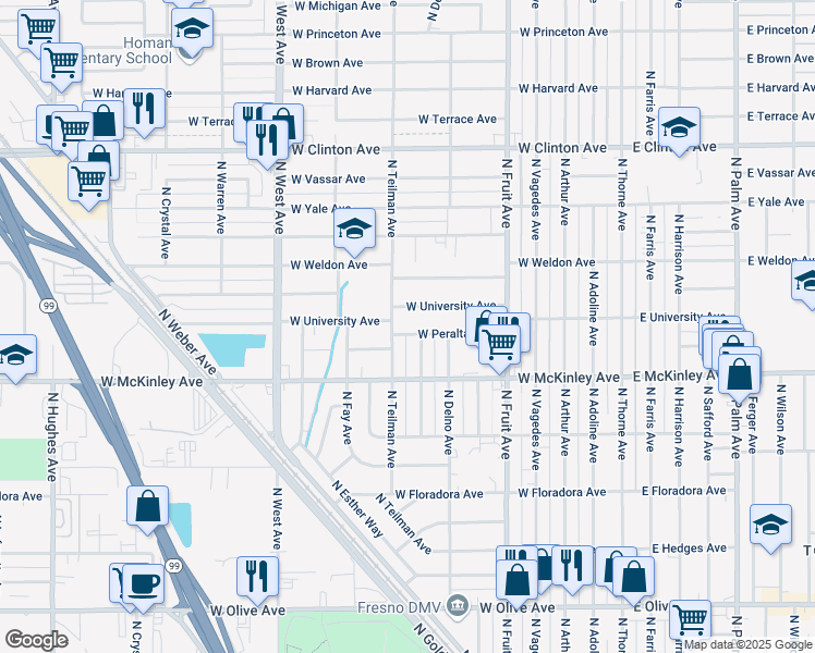 map of restaurants, bars, coffee shops, grocery stores, and more near 828 West Peralta Way in Fresno