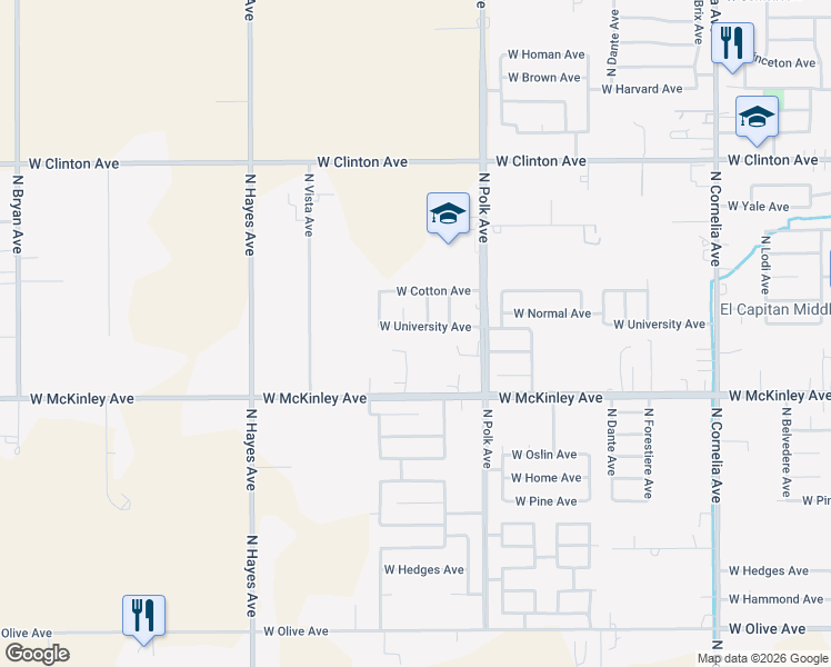 map of restaurants, bars, coffee shops, grocery stores, and more near 5595 West University Avenue in Fresno