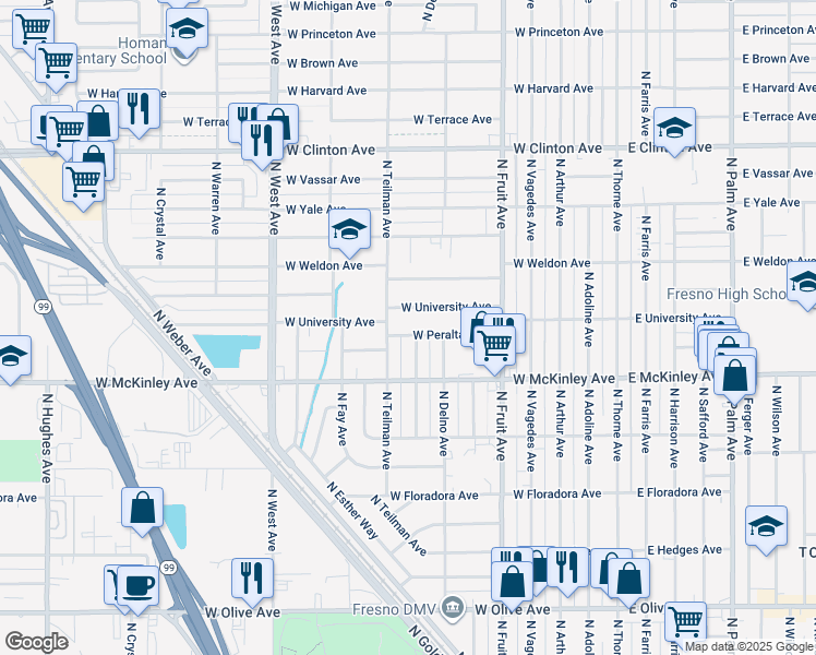map of restaurants, bars, coffee shops, grocery stores, and more near 818 West Peralta Way in Fresno