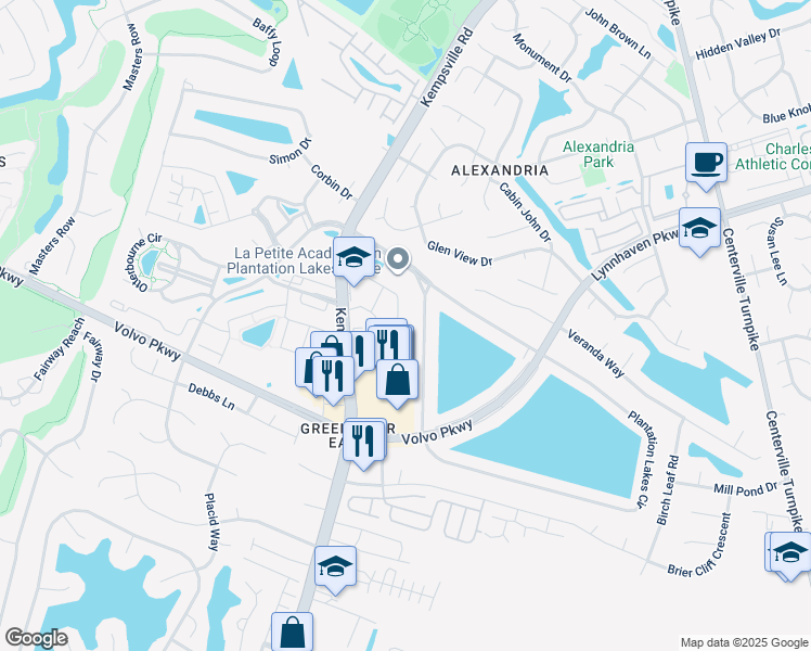 map of restaurants, bars, coffee shops, grocery stores, and more near 1523 Orchard Grove Drive in Chesapeake