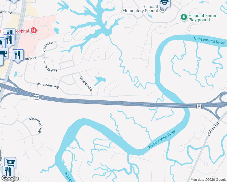 map of restaurants, bars, coffee shops, grocery stores, and more near 102 Cortland Court in Suffolk