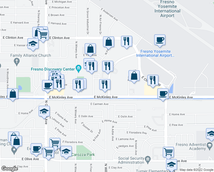 map of restaurants, bars, coffee shops, grocery stores, and more near 1717 N Gateway Blvd in Fresno