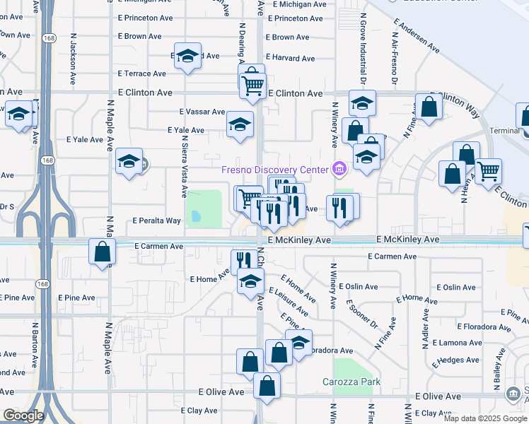 map of restaurants, bars, coffee shops, grocery stores, and more near 1746 North Chestnut Avenue in Fresno