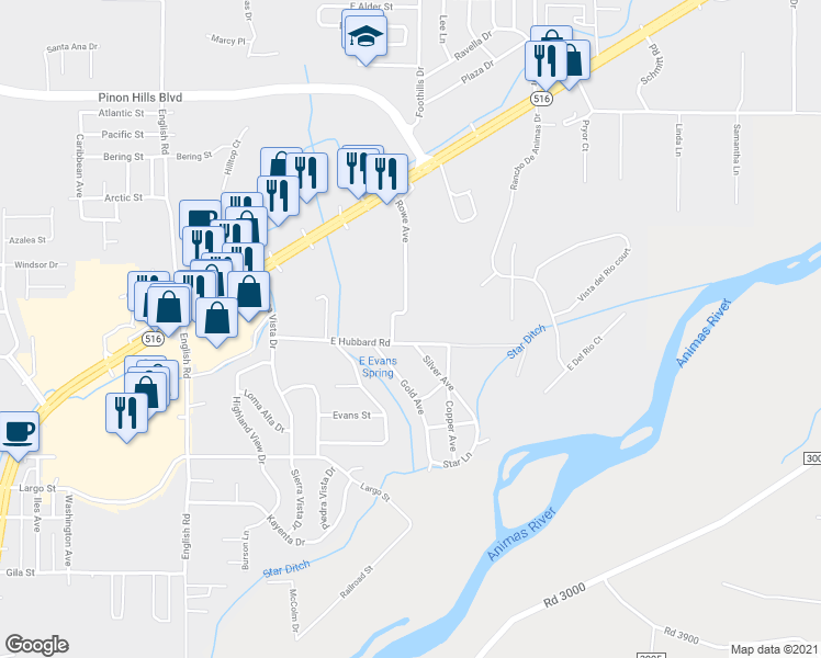 map of restaurants, bars, coffee shops, grocery stores, and more near 5500 East Hubbard Road in Farmington