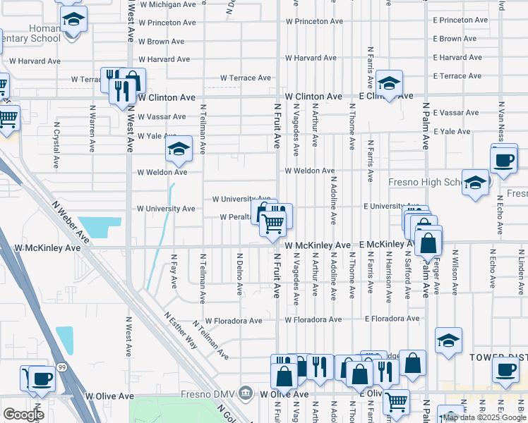 map of restaurants, bars, coffee shops, grocery stores, and more near 536 West Peralta Way in Fresno