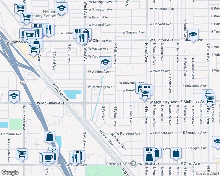 map of restaurants, bars, coffee shops, grocery stores, and more near 931 West University Avenue in Fresno
