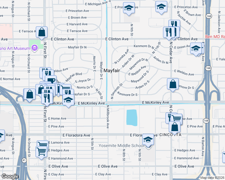 map of restaurants, bars, coffee shops, grocery stores, and more near 1701 Kenmore Drive West in Fresno