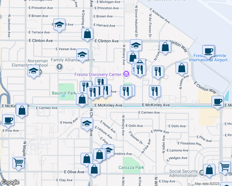 map of restaurants, bars, coffee shops, grocery stores, and more near 4877 East University Avenue in Fresno