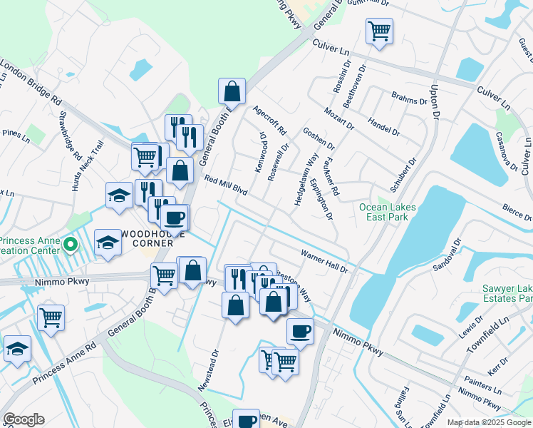 map of restaurants, bars, coffee shops, grocery stores, and more near 1169 Hopemont Drive in Virginia Beach