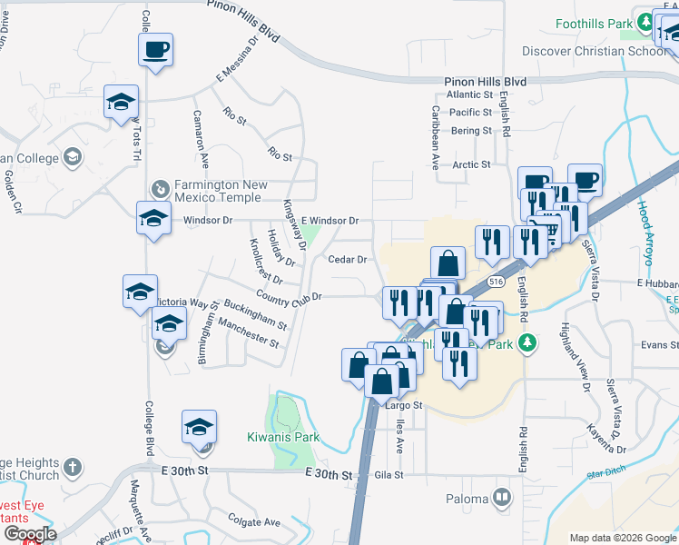 map of restaurants, bars, coffee shops, grocery stores, and more near 4016 Douglas Street in Farmington