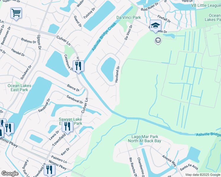 map of restaurants, bars, coffee shops, grocery stores, and more near 1105 Millay Court in Virginia Beach