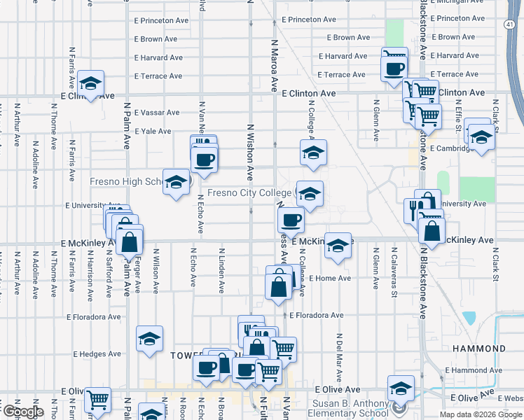 map of restaurants, bars, coffee shops, grocery stores, and more near 824 E University Ave in Fresno